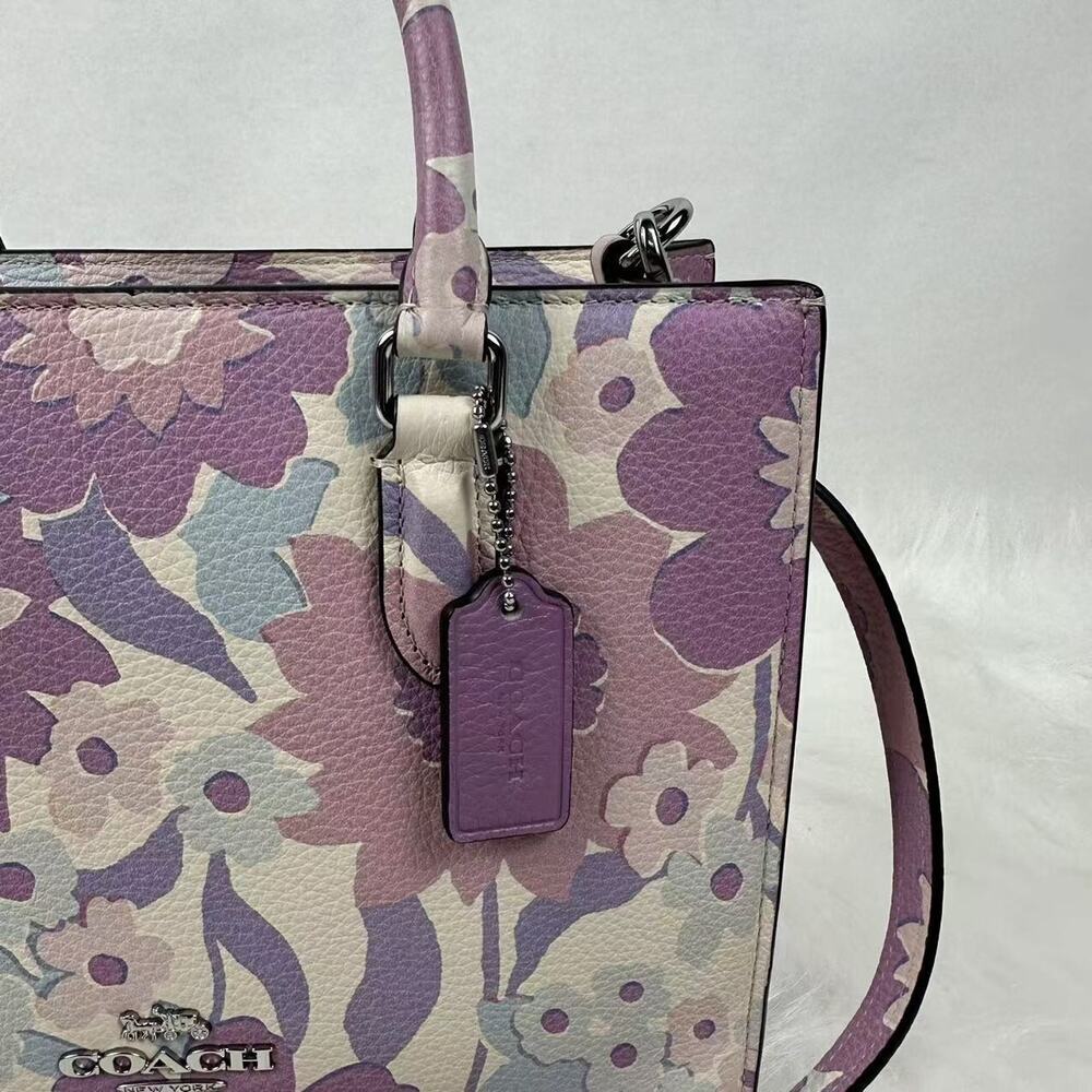 COACH Maggie Small Tote Bag Crossbody Floral Print In Leather Ivory/Purple CBM08 - Picture 9 of 11